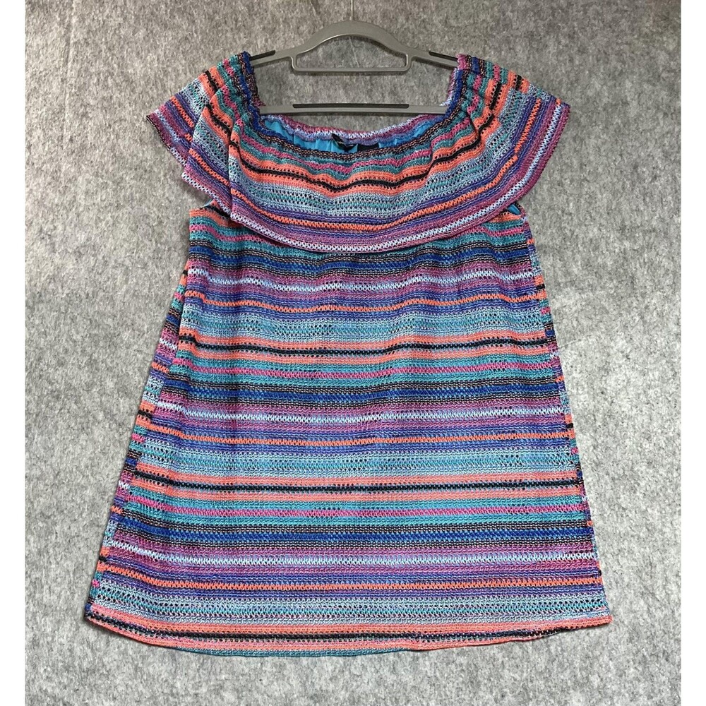 New Directions Shirt Womens XL Multicolor Striped Off The Shoulder Crochet Boho
